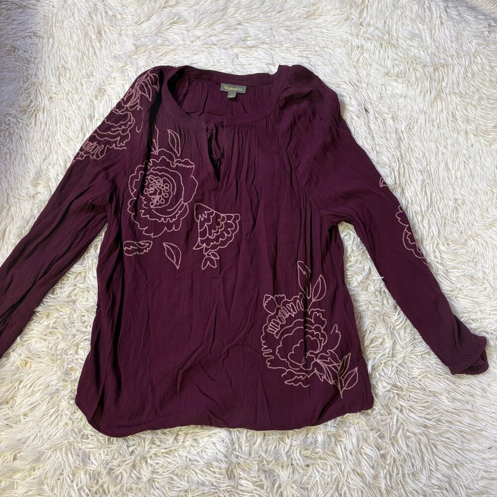 Style & Co Women's Embroidered Peasant Top pullover L